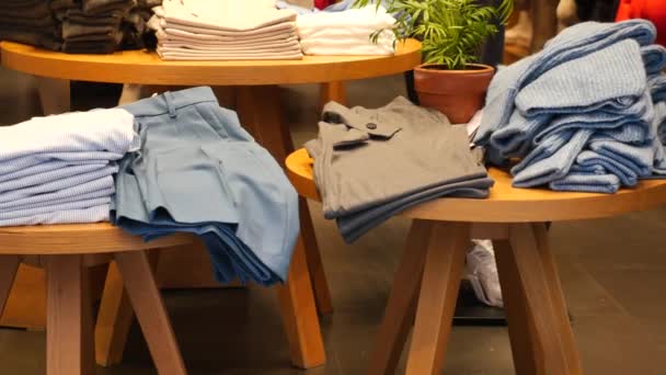 Display Clothes Wooden Tables Store — Stock Video