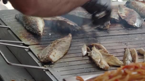 Baking Roasting Fish Barbecue Grill — Stock Video