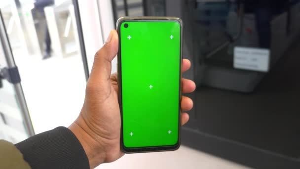 Young Man Hand Using Smart Phone Green Screen Metro Train — Stock Video