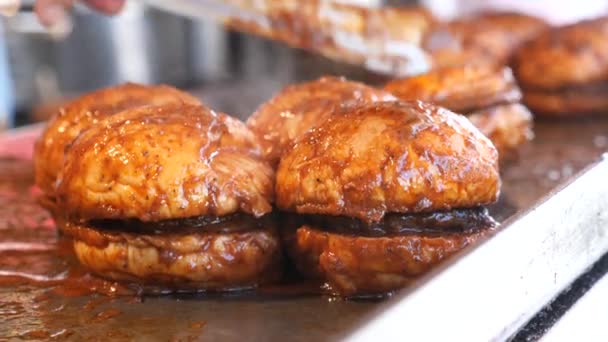 Meatballs Roasting Pan Making Burger Street — Stock Video