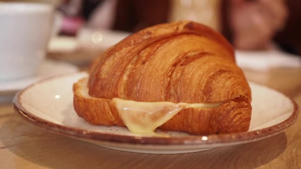 Croissant Appena Sfornato Piatto Con Spazio Copia Foto Alta Qualità — Video Stock