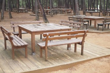 İstanbul 'daki ahşap piknik masasının yakın çekimi. .