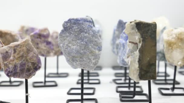 Różne Kamienie Wyświetlane Stole Wystawy Sztuki — Wideo stockowe