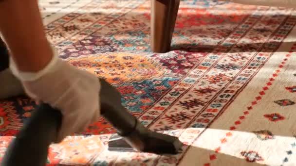 Wanita Membersihkan Dengan Karpet Vacuum Cleaner — Stok Video