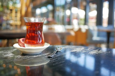 Traditional turkish tea on white table 