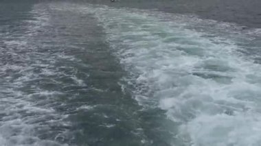 Bir tekne engin okyanus boyunca seyahat eder, sakin mavi sularda ardında köpüklü bir iz bırakır.