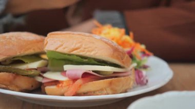 Marul, domates, turşu ve patates kızartması ve salatayla servis edilen peynirli taze sebzeli sandviç..