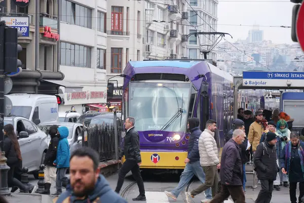 stock image turkey istanbul 1 june 2023. T1 tram at on the bridge at Eminonu ,