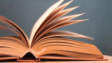 Yeşil bir arka plana karşı ahşap bir masa üzerinde sayfaları dönen açık bir kitap.