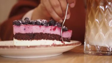 Üzeri yaban mersinli ve tabakta şekerle tozlanmış lezzetli bir dilim çilekli kek..