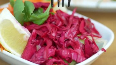 Lezzetli renkli ve canlı bir salata. İçinde taze lahana ve bir dilim limon var.