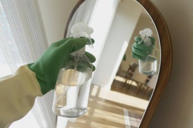 Eldivenli biri, temiz kalmak için parlak, güneşli bir alanda aynaya temizleyici sıkar.