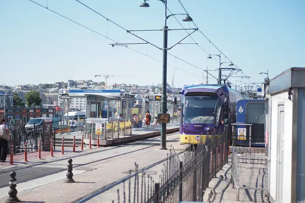 stock image turkey istanbul 1 june 2023. T1 tram at on the bridge at Eminonu ,