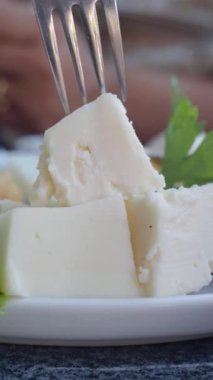 Yemek tabağı dolusu peynir ve marul kareli masa örtüsü..