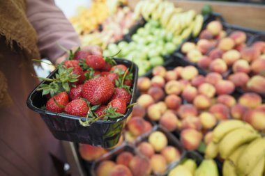 Canlı çilekler bir sepet taze meyve çeşidinin önünde bekletilir.