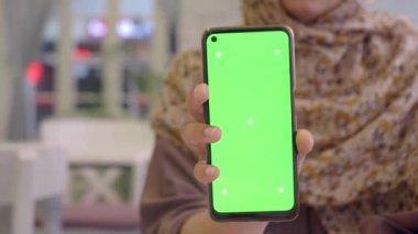 Bir birey canlı yeşil ekranlı akıllı bir telefon tutar, video düzenleme için kullanışlıdır