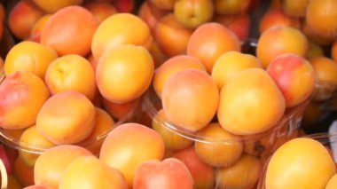 Hareketli bir pazarda canlı bir kayısı yığını. Lezzetli cazibelerini sergiliyorlar.