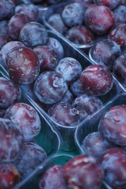 Sepetlerde canlı bir erik gösterisi, zengin renklerini, şekillerini ve dokularını sergiliyor.