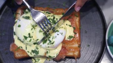 Lezzetli bir Benedict yumurtasıyla mükemmel haşlanmış yumurta ve lezzet için taze otlar.