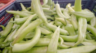 Bir el sebze sepetinden taze, canlı yeşil biber seçiyor.