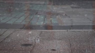 Islak asfalt yağmuru yansıtır, kasvetli bir şehir atmosferi ve canlandırıcı bir sahne yaratır.