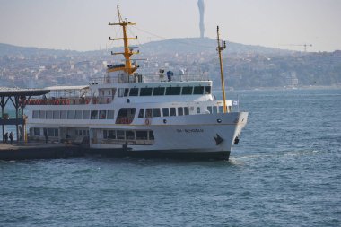 Limanda güzel bir şehir ve arka planda yuvarlanan tepeler olan bir feribot var.