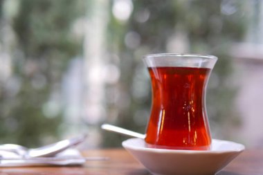 Traditional turkish tea on white table 