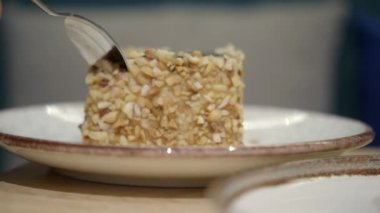 Cazip bir fındık bazlı tatlı. Zevk için çatallı bir tabakta zarif bir şekilde servis edilir.