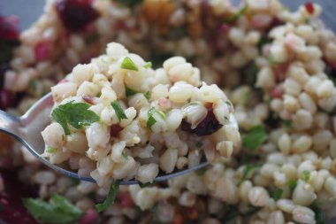 Yaban mersinli ve otlu canlı arpa salatası. Besleyici bir yemek için mükemmel..