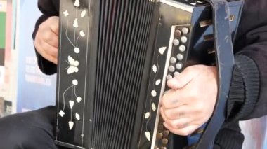 Yetenekli bir akordeon çalgıcısı açık havada canlı bir şekilde yetenek ve tutku sergiliyor.