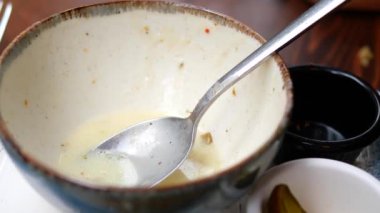 Boş bir kâse ve kaşık yemeğin sonunu sembolize eder, yemek memnuniyetimizi vurgular.