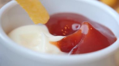 detail shot of French Fries on table .