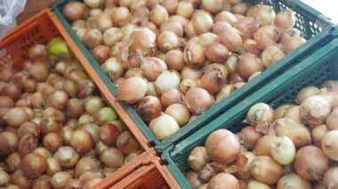 Piyasa sepetlerinde yeni hasat edilmiş soğanlar, ilgili alıcılar tarafından satın alınmaya hazır.