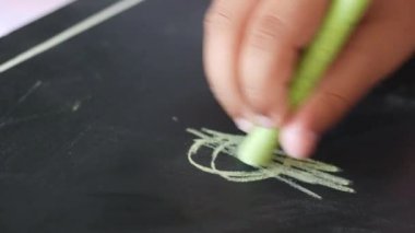 Karatahtanın üzerinde canlı yeşil tebeşiri ustalıkla kullanan bir çocuğun yakın çekim görüntüsü.