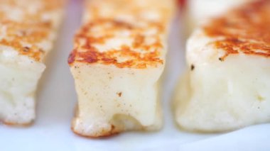 Izgara Halloumi Peynir Çubuklarını Beyaz Tabağa Yaklaş.