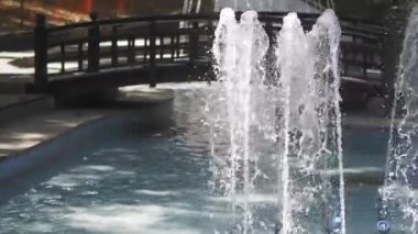 Güzel bir çeşme huzur dolu bir parkta duruyor, büyüleyici ahşap bir köprüyle tamamlanmış.