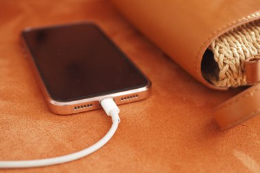 Akıllı telefonu kabloyla şarj ediyor. .