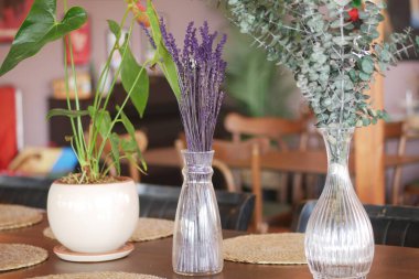 Güzel, kurumuş çiçekler ve canlı yeşil bitkiler güzel bir yemek masasında sergileniyor.