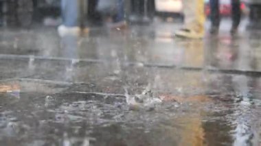 Yağmur damlaları şehrin yumuşak, yansıtıcı nemli yüzeyinde dalgalanmalar yaratıyor.