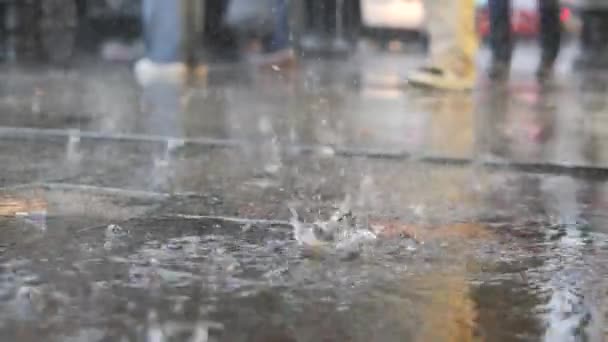 Gotas Lluvia Creando Suavemente Ondulaciones Una Superficie Húmeda Suave Reflectante — Vídeo de stock