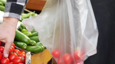Taze vişneli domatesler alışverişçilerle dolu kalabalık bir markette bir çantada güzelce paketlenir.