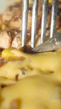 Zarif bir çatal ve bıçak seti içeren bir gurme yemeğinin güzel bir yakın çekimi.