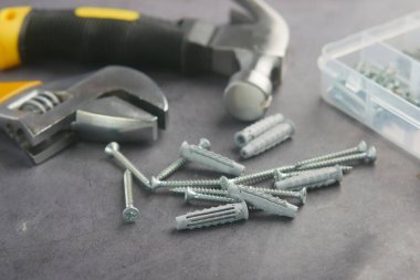 Koyu bir yüzeye yerleştirilmiş çeşitli alet ve vidaların titizlikle organize edilmiş bir koleksiyonu.