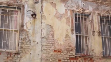 Sıkıntılı bir duvar, eski tuğla dokuları ve detaylarla birlikte canlı bir şekilde soyulmuş boya sergiliyor.