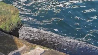 Rıhtımdaki kayalara çarpan su.,