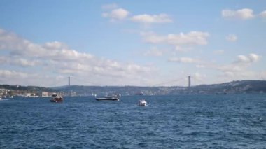 Köprüleri ve tekneleri açık mavi gökyüzünün altında olan Boğaz manzarası.