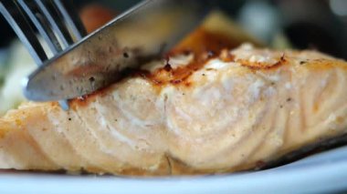 Mükemmel pişirilmiş somon filetosunun tadını çıkarıyorum. Bitkilerle kaplı ve taze sebzelerle servis ediliyor.