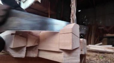 Bir insan ustalıkla odun kesmek için el testeresi kullanır..