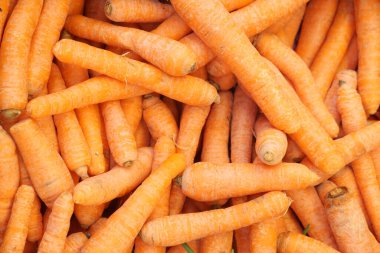 Canlı bir çiftçi pazarında sergilenen turuncu havuçlar.