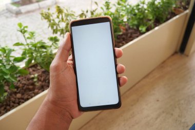 Bir el boş bir akıllı telefonu binanın içinde bir bahçe alanının yanında tutuyor..